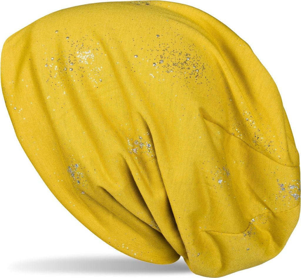 styleBREAKER Damen Beanie Mütze mit Glitzer und Pailletten Punkte, Slouch Stoff Longbeanie 04024145