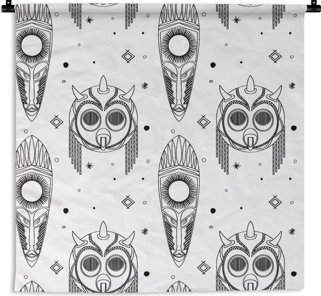 MuchoWow Wandteppich Wandbehang Maya - Masken - Schwarz und weiß - Muster 90x90 cm Tapisserie Dekoration Wandtuch - Wandaufhänger