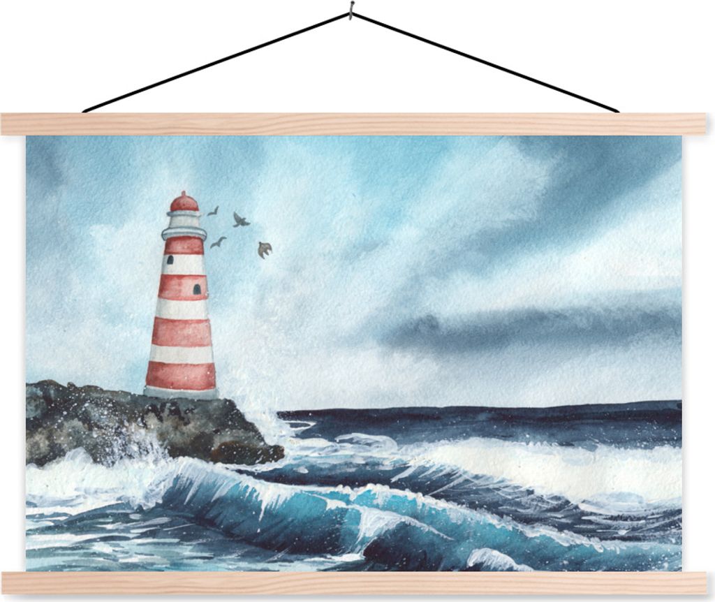 MuchoWow Textilposter Leuchtturm - Meer - Golf 120x80 cm mit holzfarbenen Rahmen - Aufhängeset