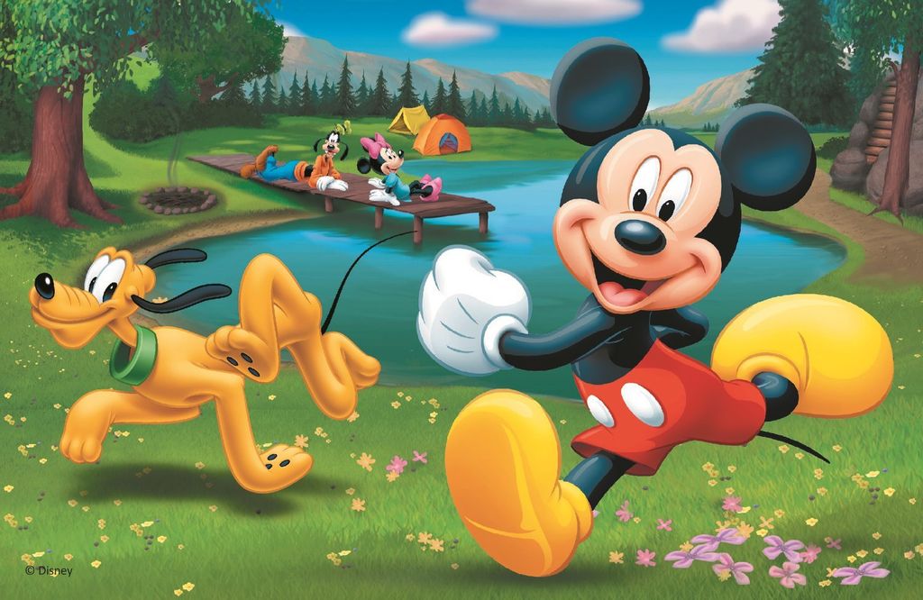 Mickey Mouse and Pluto are enjoying a day by the lake with friends camping in the background.