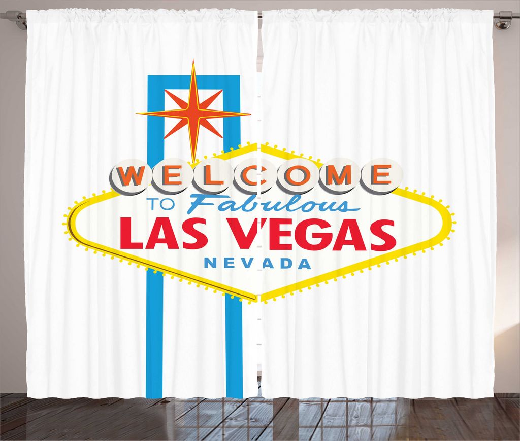 ABAKUHAUS Las Vegas Rustikaler Vorhang, Willkommen in Nevada Zeichen, Wohnzimmer Universalband Gardinen mit Schlaufen und Haken, 280 x 225 cm, Wei...