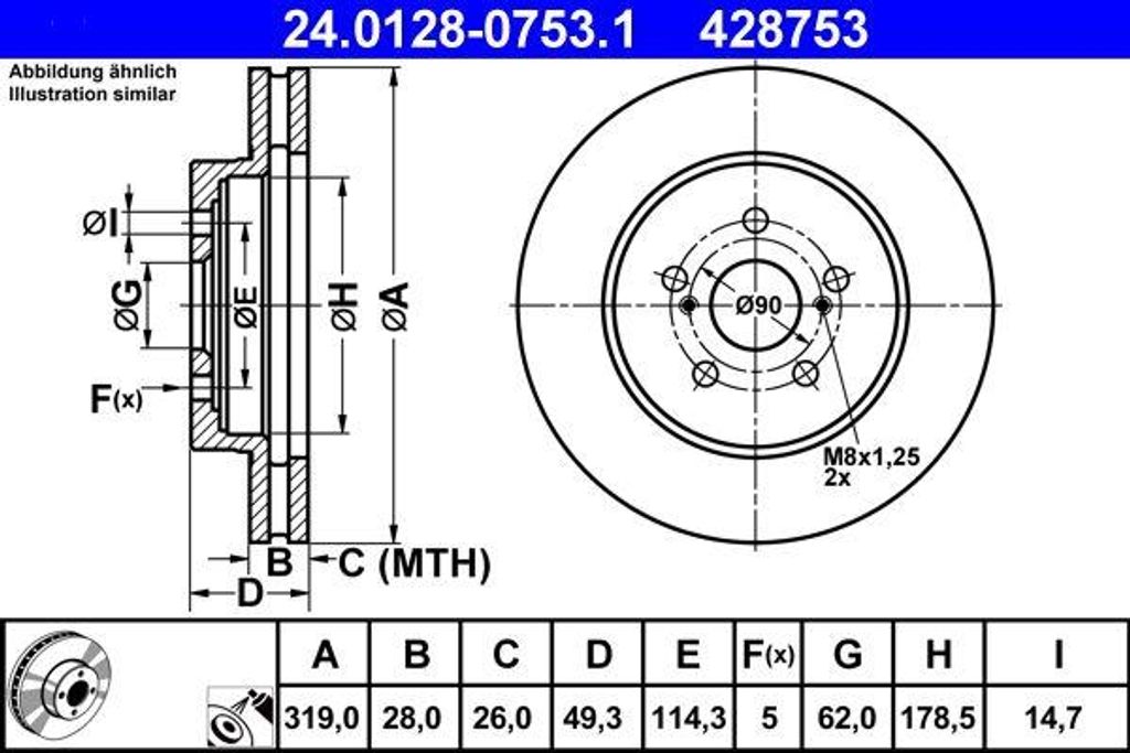 ATE 24.0128-0753.1 Bremsscheibe OE 4351248080 kompatibel mit RX