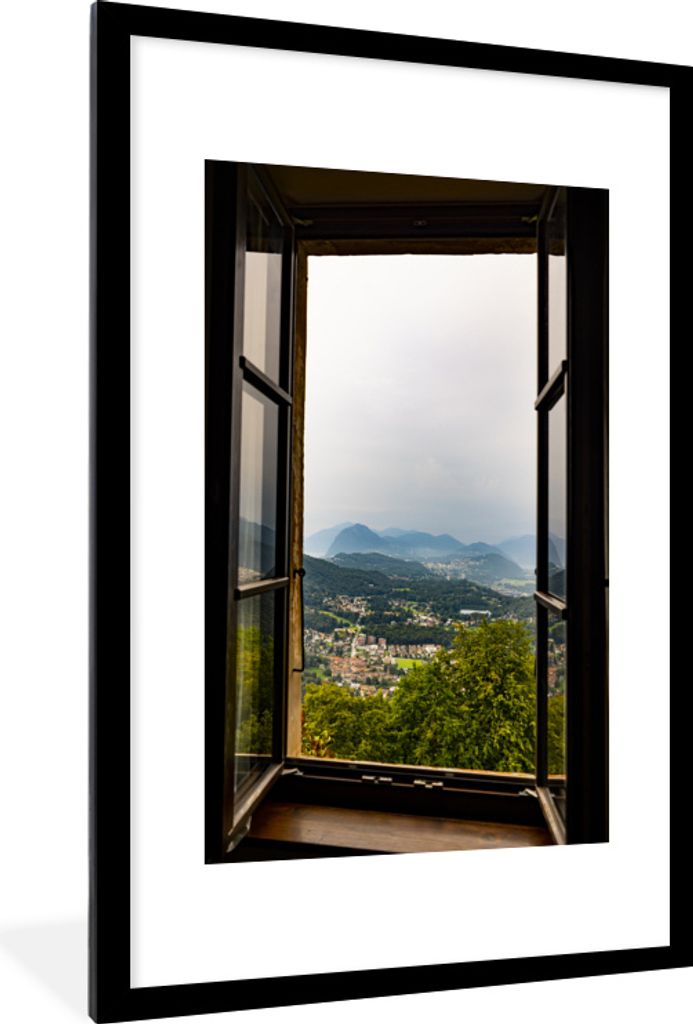 MuchoWow MuchoWow Gerahmtes Poster Blick auf die in Nebel gehüllten Berge 60x90 cm - Poster mit zchwarzem Bilderrahmen - Dekoration - Wandpost...