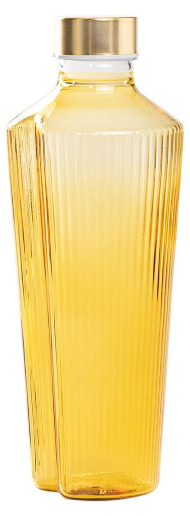 Handliche Flasche aus goldgelbem Borosilikatglas mit vertikaler Rillenverzierung, elegantes und funktionales lineares Design, ideal für den Tisch