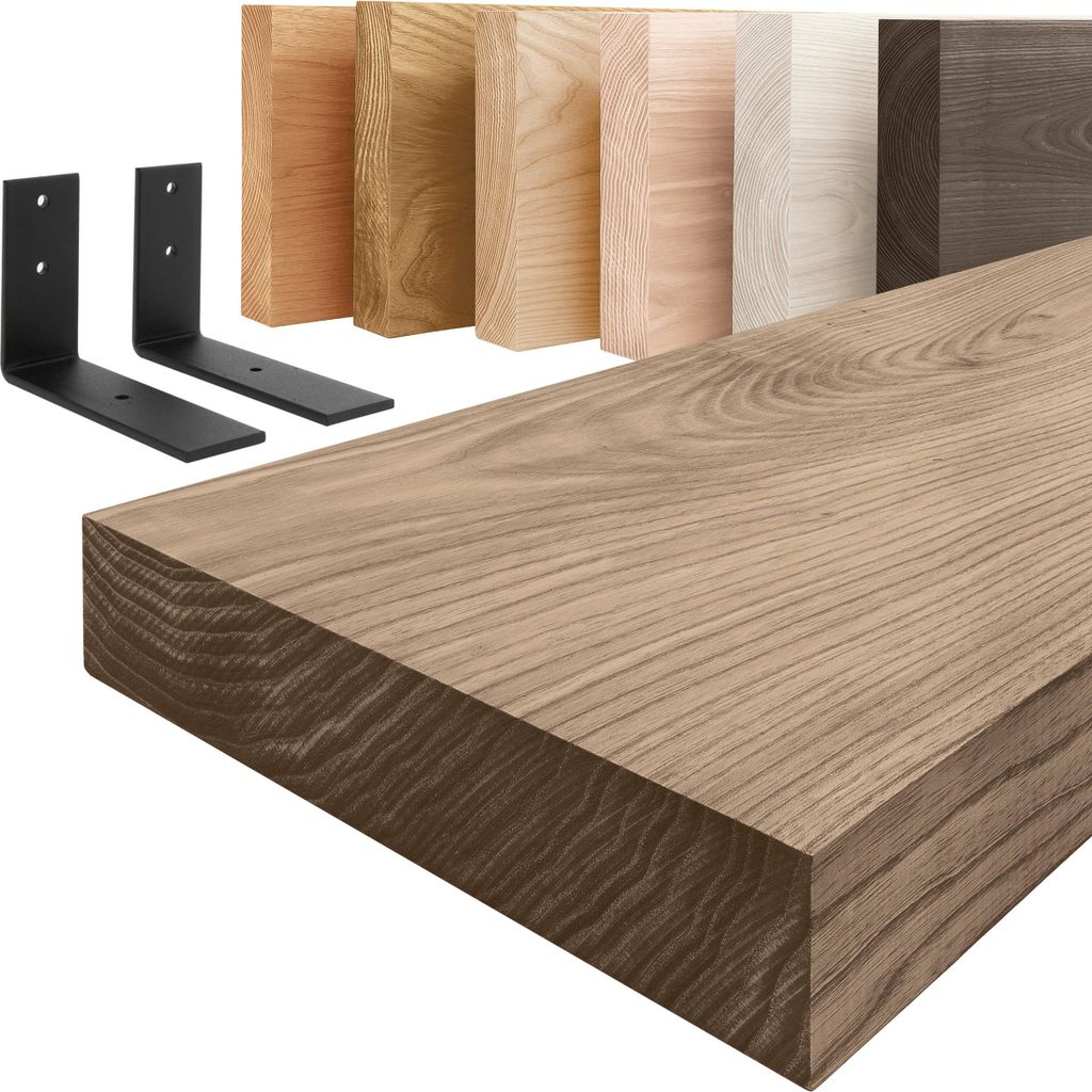 LAMO Manufaktur Wandregal Holz Gerade | Regal Farbe: Nussbaum | mit schwarzem Basic Regalträger | 80 cm