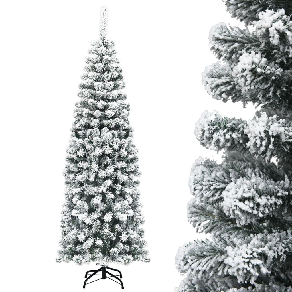 COSTWAY Bleistift Weihnachtsbaum 180cm, künstlicher Tannenbaum 500 PVC Nadeln mit Schnee, Christbaum mit Metallständer, Kunstbaum Weihnachten