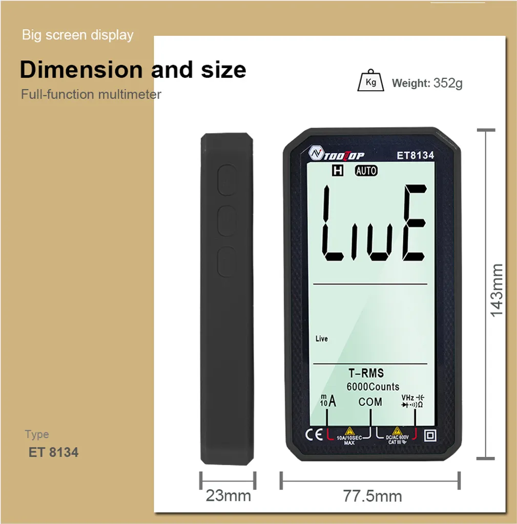 TOOLTOP ET8134 Multimètre Numérique 4,7 Pouces Tension AC/DC et Capacité