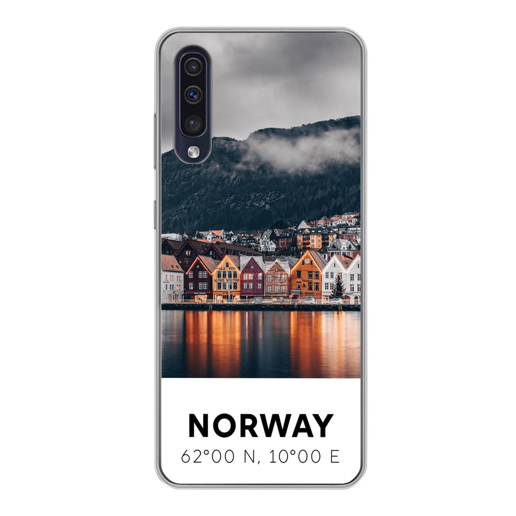 MuchoWow Handyhülle Schutzhülle Hülle für Samsung Galaxy A30s Norwegen - Skandinavien - Bergen - Winter Silikon Softcase Handy Hülle - Karte...