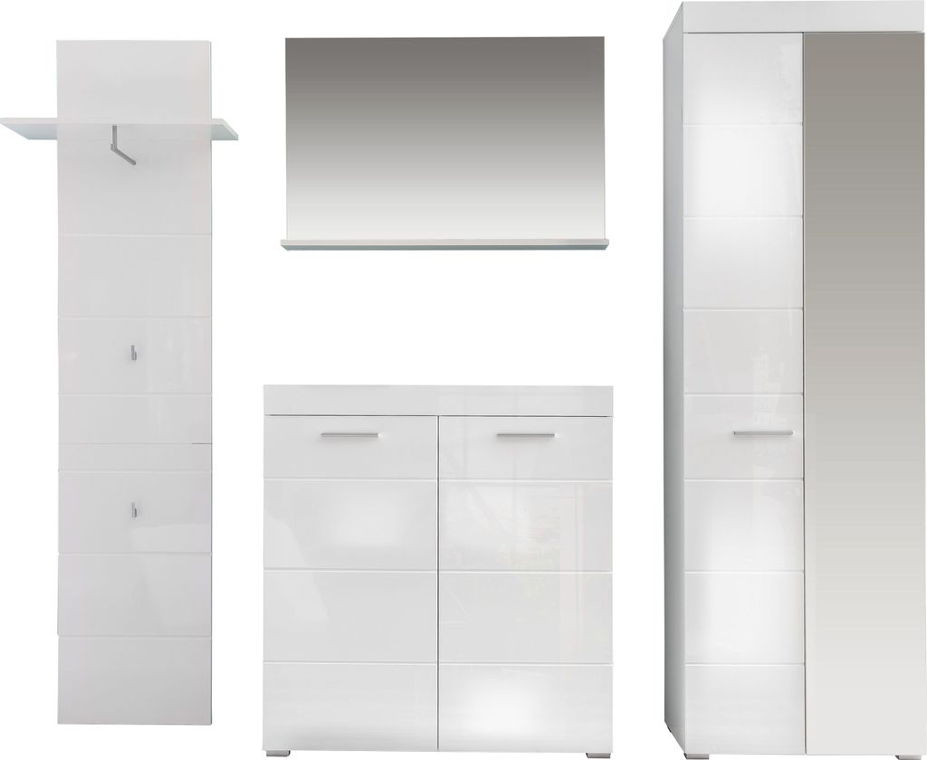 A collection of white furniture pieces arranged against a white background.