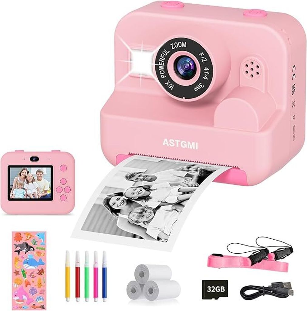 Kamera Kinder sofortdruck,Sofortbildkamera Selfie kinderkamera 2.4-Zoll 1080P HD Video
