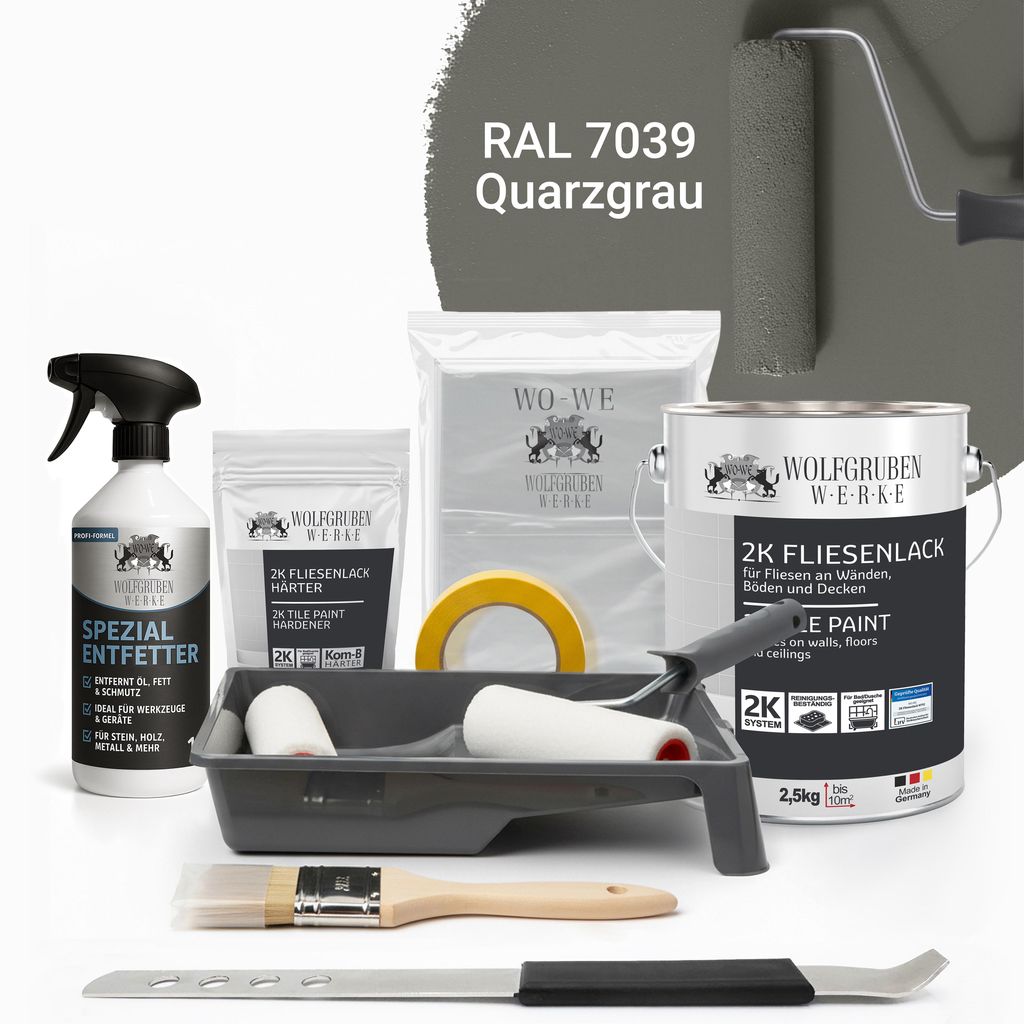 WO-WE Komplettset 2K Fliesenlack Renovierungsset für Küche, Badezimmer, Wand- & Bodenfliesen Quarzgrau 2,5Kg