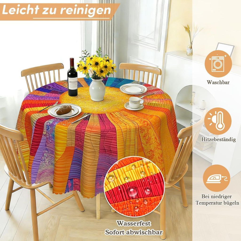 Tischdecke Rund 120 cm Wetterfest Abwaschbar Polyester Sonnenstreifen Muster Outdoor