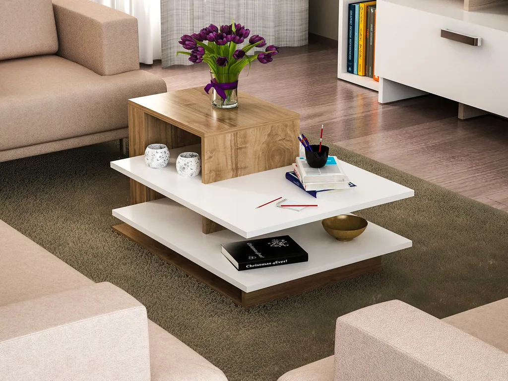 Table basse design Venüs avec rangement intégré blanc et noyer - 2