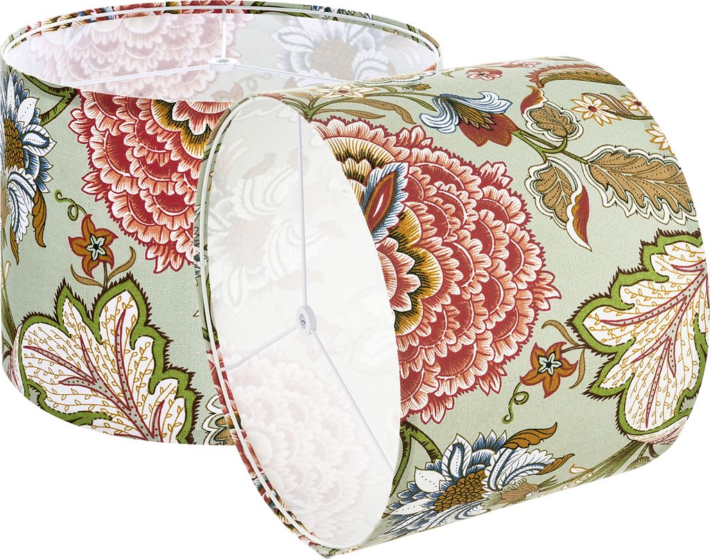 Two drum-shaped lampshades with a floral pattern are shown side-by-side.