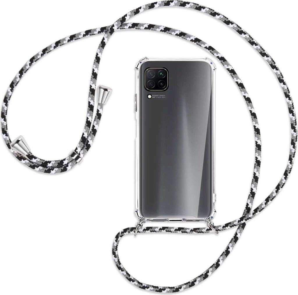 Handykette Backcover-Schutzhülle mit Band (Metall silberfarben) für Huawei P40 lite - schwarz/grau/weiß