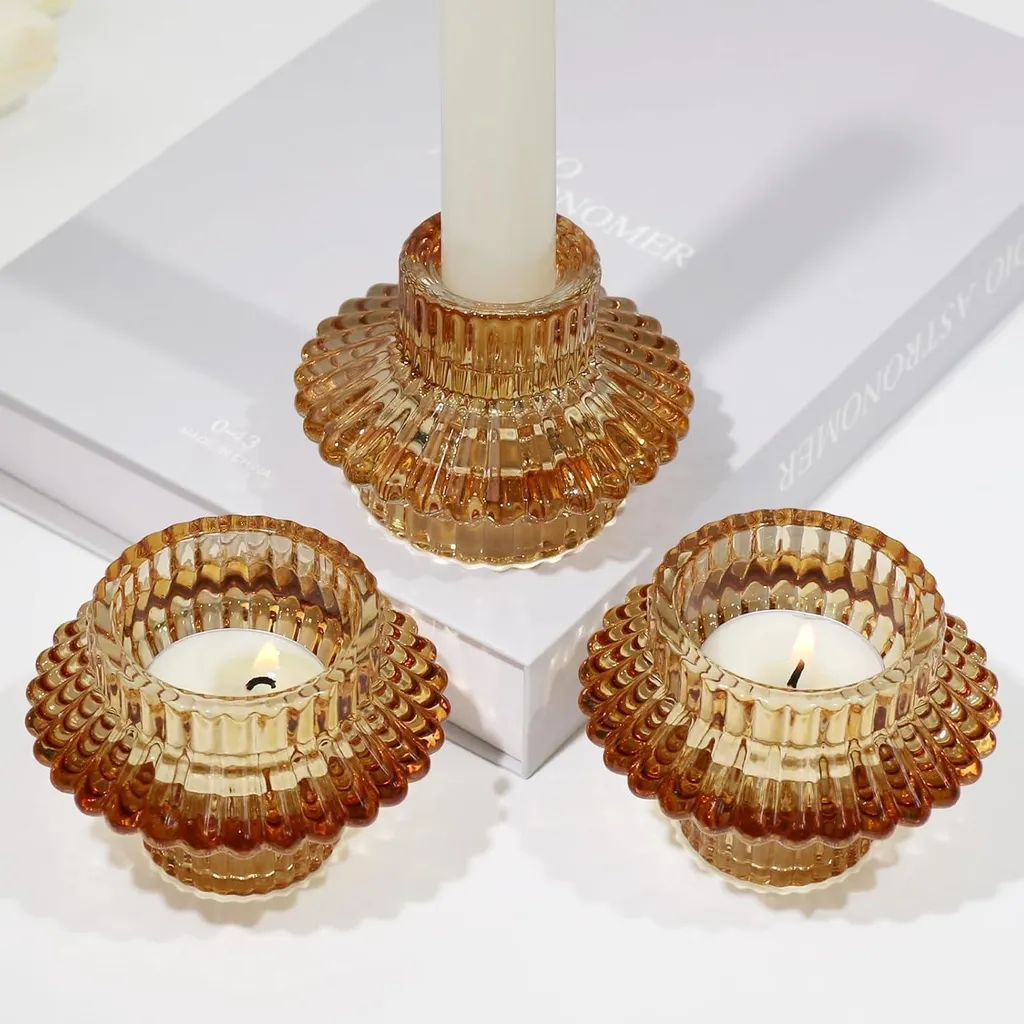 Bougeoirs en verre set de 3 bougies chauffe-plat ambre finition luxe