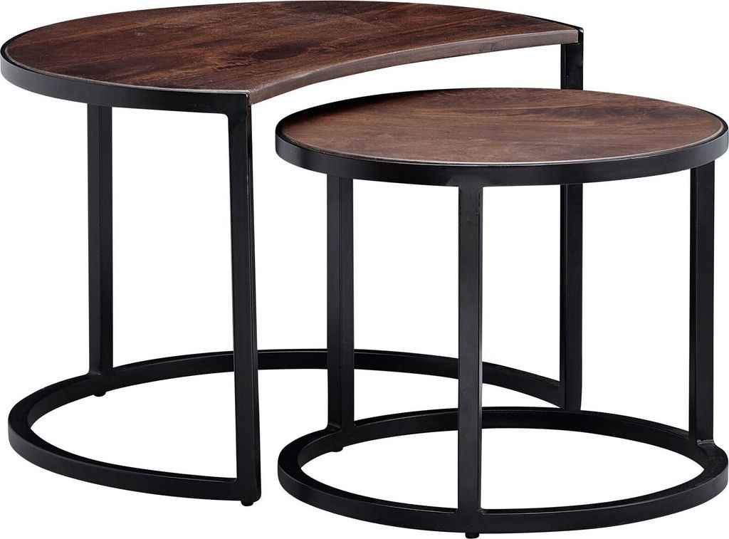 Couchtisch 2er Set Mango Massivholz / Metall Wohnzimmertisch Rund, Industrial Beistelltisch mit Metallbeine Schwarz, Tischset 2-teilig Satztisch Holz