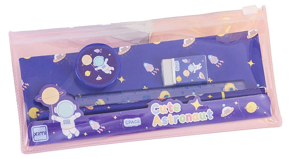 6-teiliges Kinder-Schreibset mit Cartoon-Motiven, bestehend aus 2 Bleistiften, Radiergummi, Anspitzer, Lineal und transparentem Etui. Ideal als Sch...