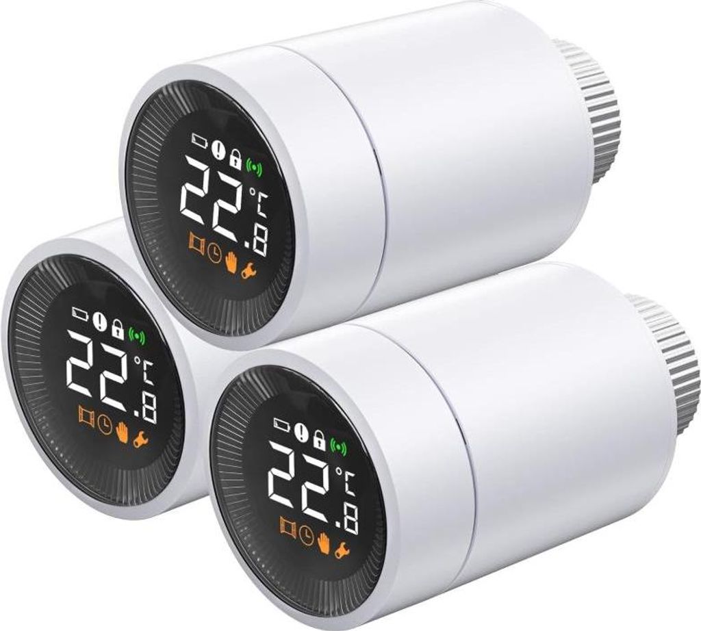 Three white smart radiator thermostats are stacked on a white background.