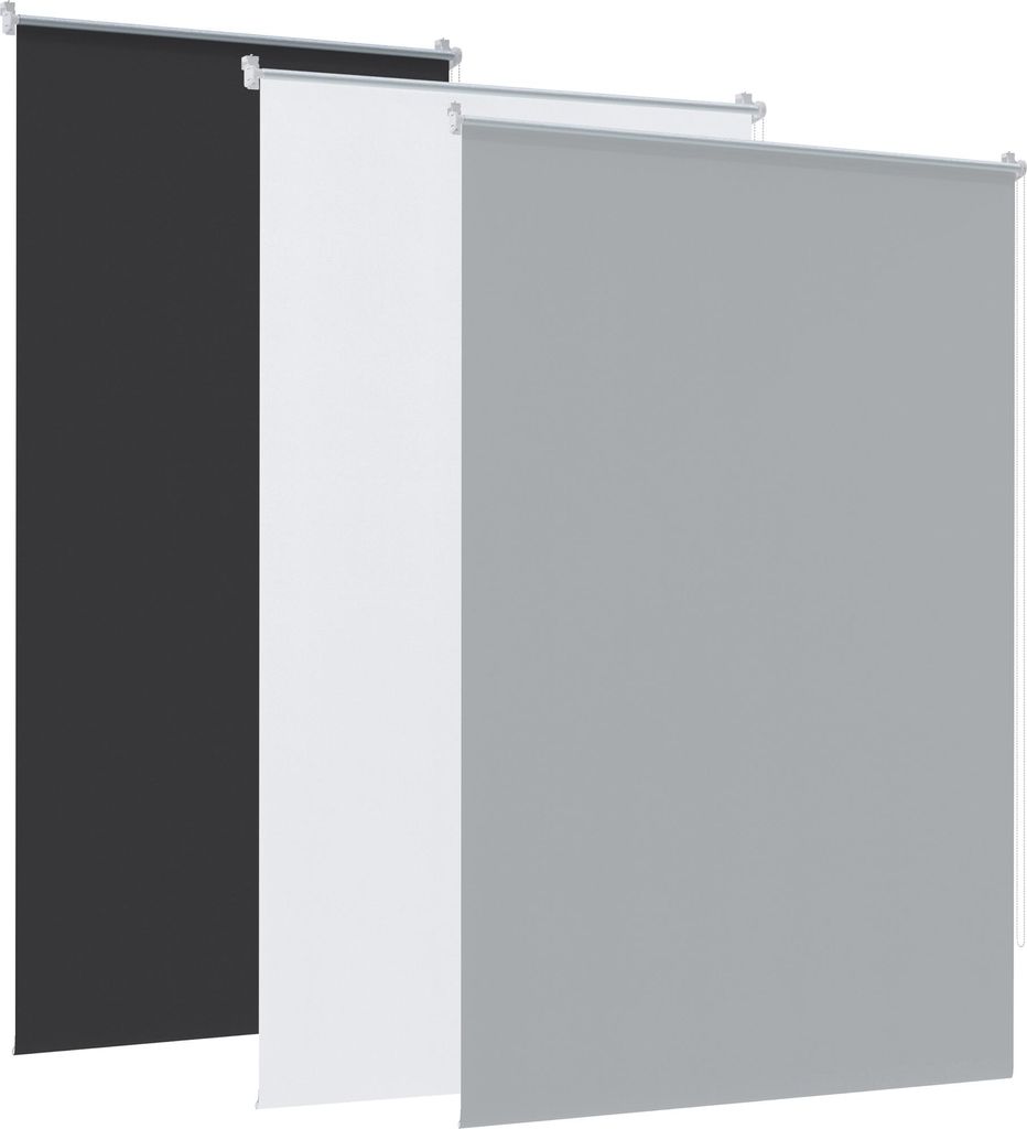 Three roller blinds in different colors displayed side-by-side.