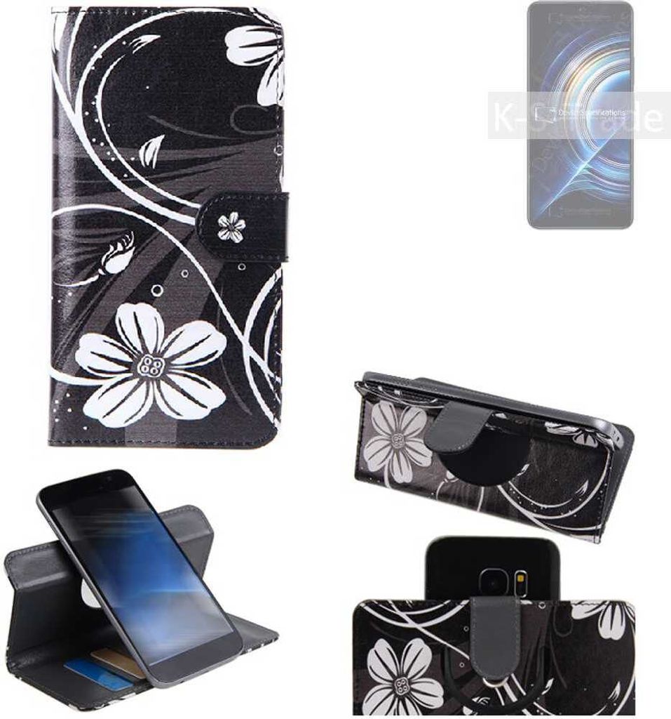 K-S-Trade Schutzhülle Handyhülle kompatibel mit Xiaomi Redmi K50 Hülle 360° Wallet Case ''Flowers'' Klapphülle Hülle schwarz-weiß 1x