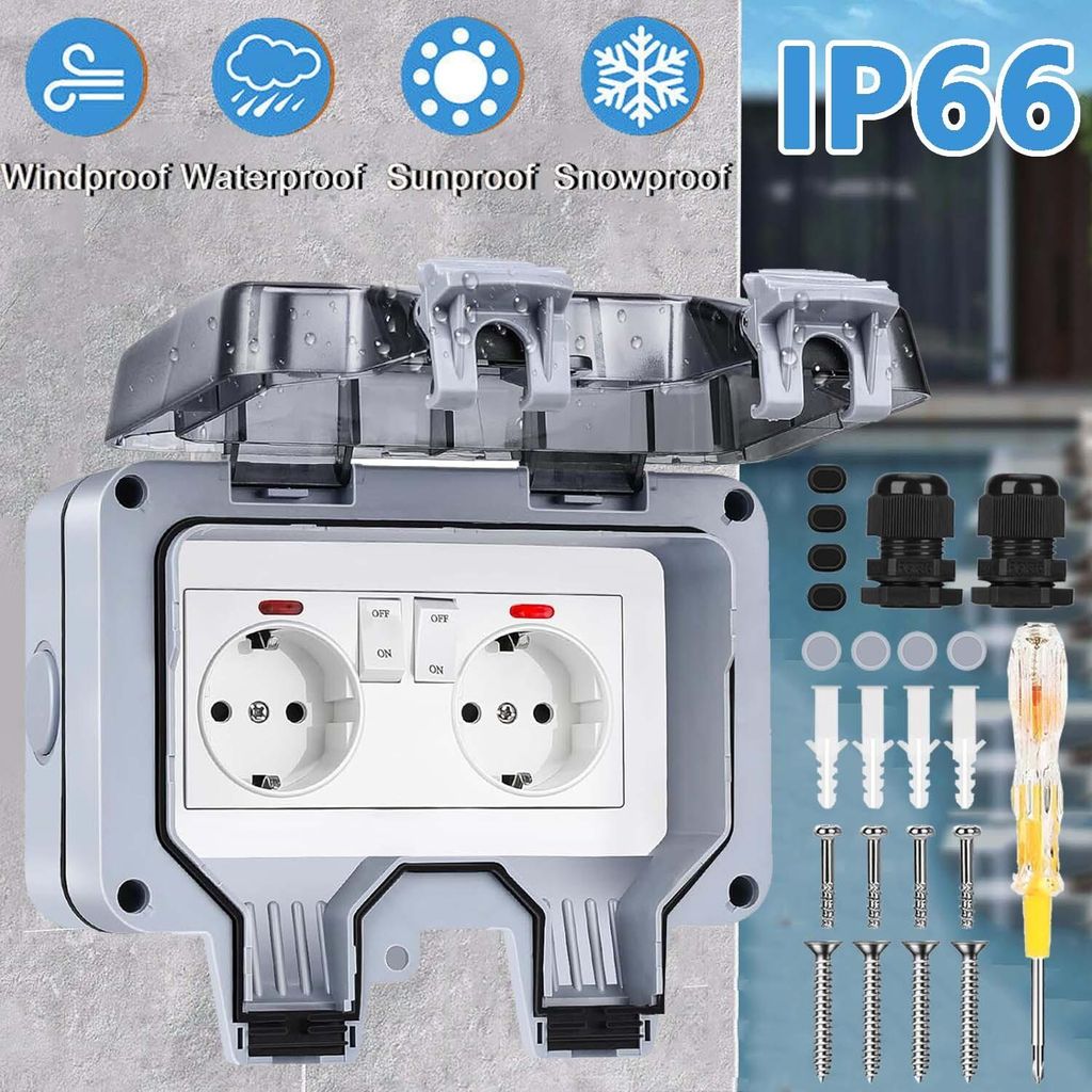Außensteckdose IP66 Wandsteckdosen Gartensteckdose Wasserdicht Steckdose Outdoor Steckdose mit Schalter Aufputz