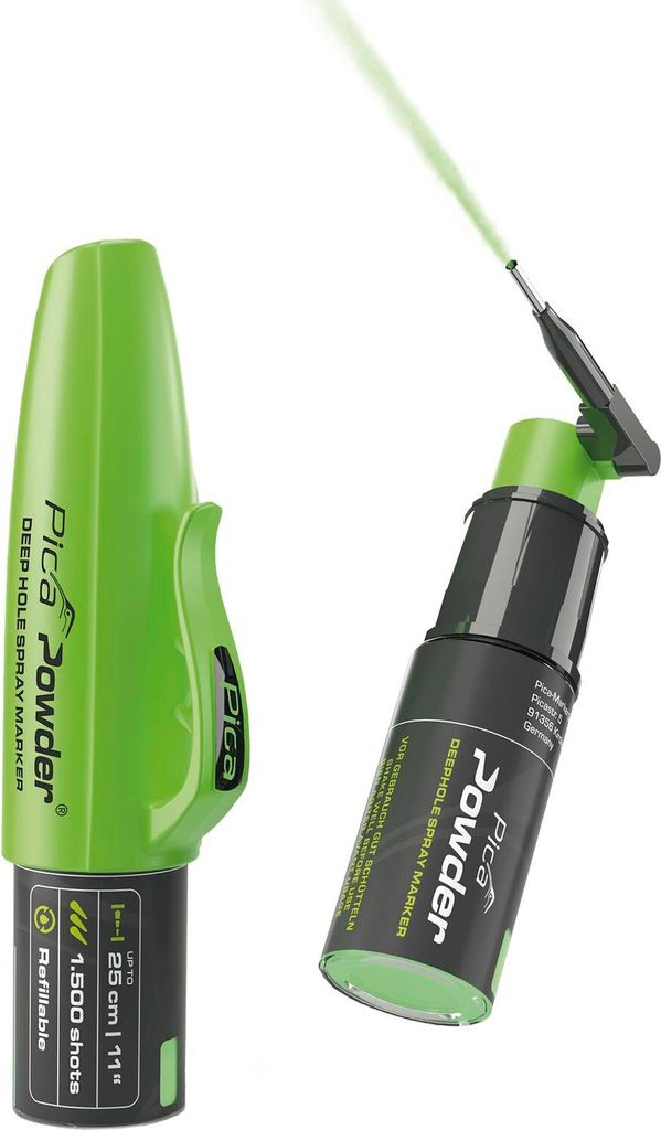 Pica Powder Bohrloch-Spraymarker Set mit beweglichem Sprüharm, bis zu 1500 Sprühstöße in Grün - Bohrlochmarker mit Pica Powder Refill Nachfül...