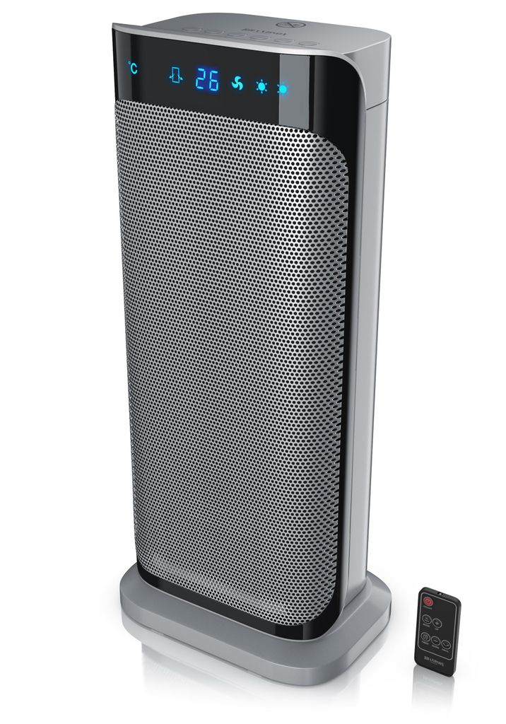 A tall, modern ceramic heater with a digital display and a remote control.