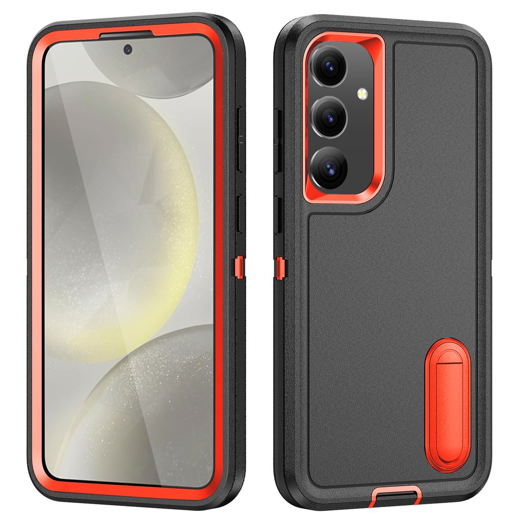 Hülle für Samsung Galaxy S25 Hybrid Dreilagige Robust Stoßfest Schwerlast Schutzhülle mit Ständer Schwarz Orange