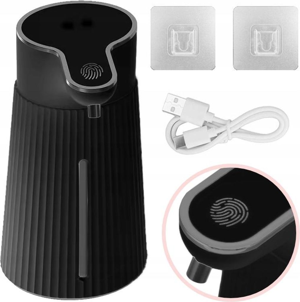 A black automatic soap dispenser with accessories.