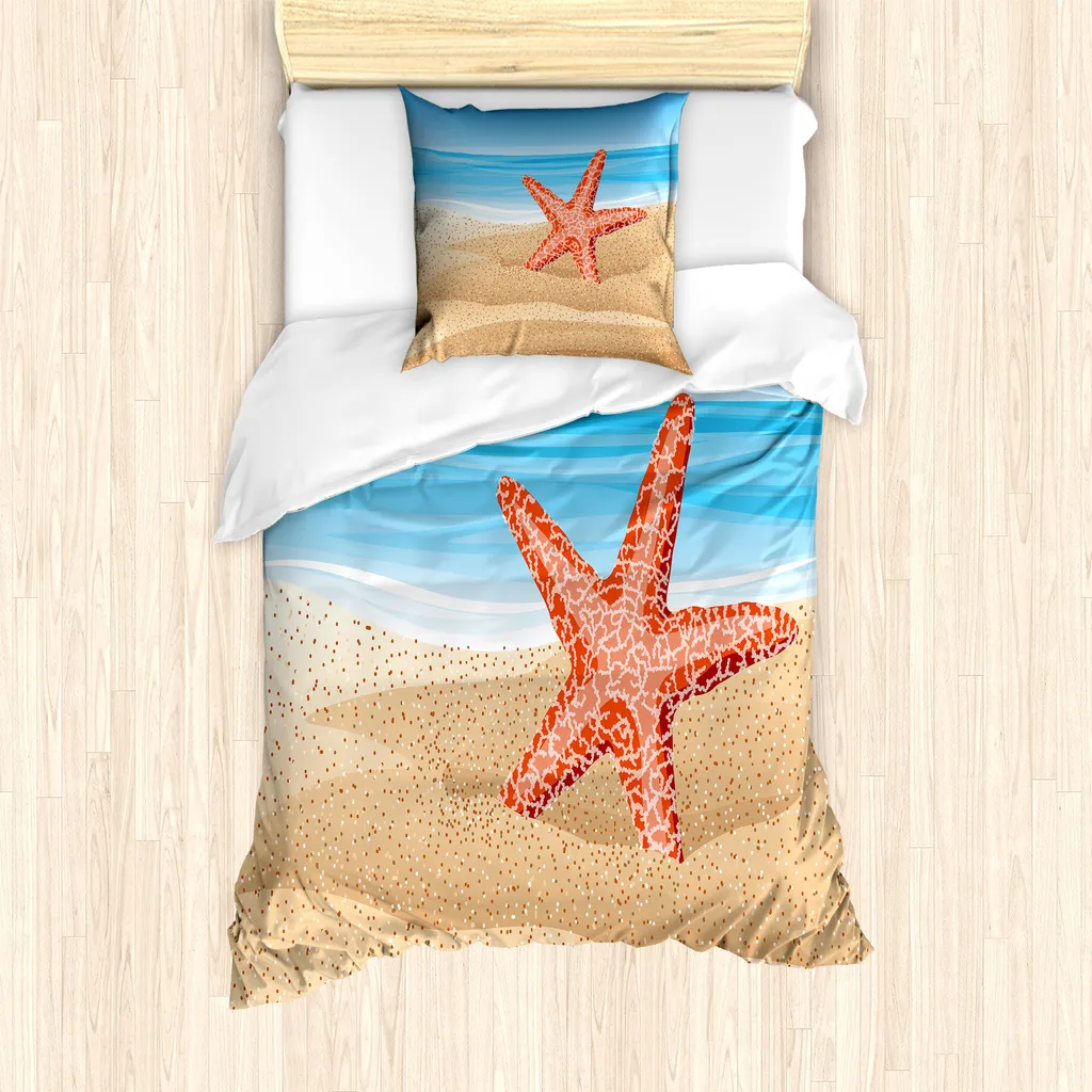 ABAKUHAUS Cancun Set copripiumino per letti singoli, stelle marine sulla spiaggia, antiacaro, adatto a chi soffre di allergie, con federa, 135 cm x 200 cm - 80 x 80 cm, multicolore