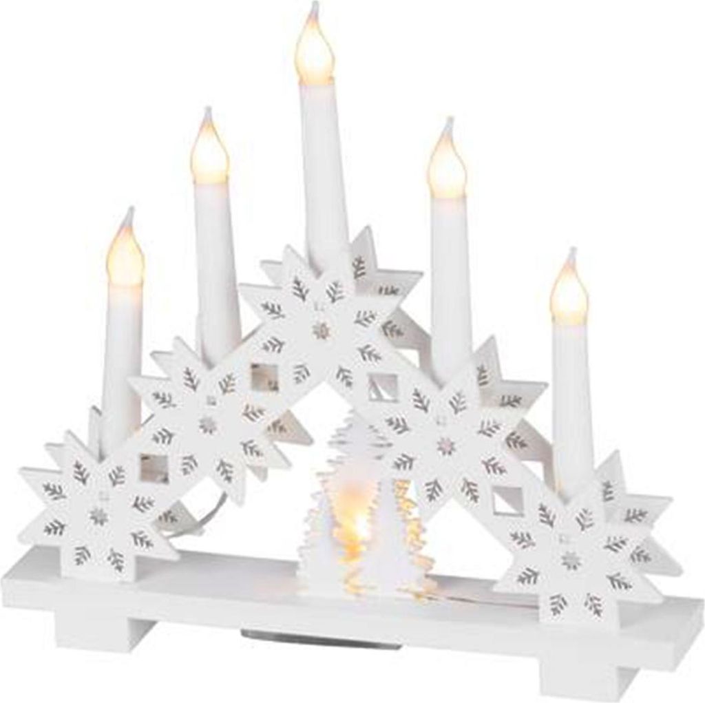 A white Christmas candle bridge with LED lights and snowflake cutouts.