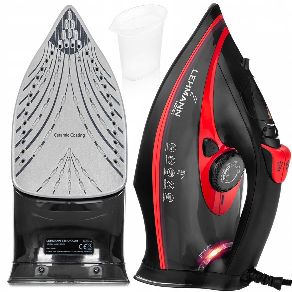 A product image featuring a black and red steam iron and its soleplate, along with a small water cup.