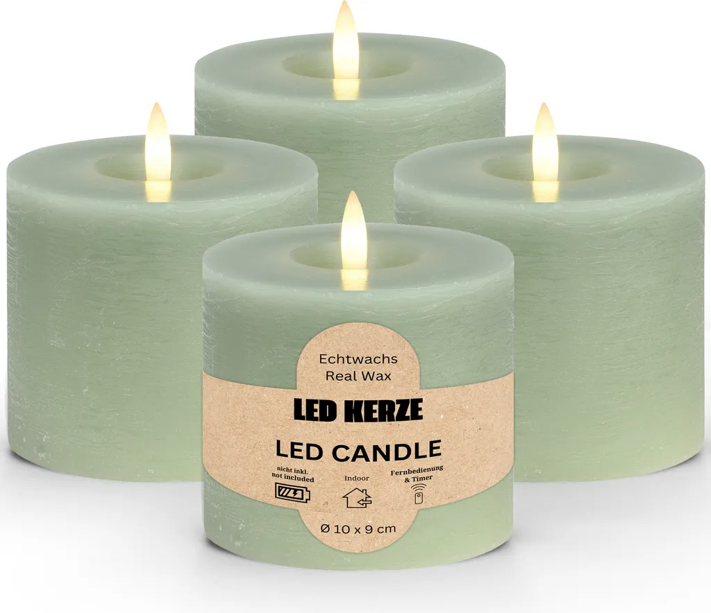 4 Candele LED Verde Salvia 10x9cm | Fiamma Mobile Effetto Real Flame
