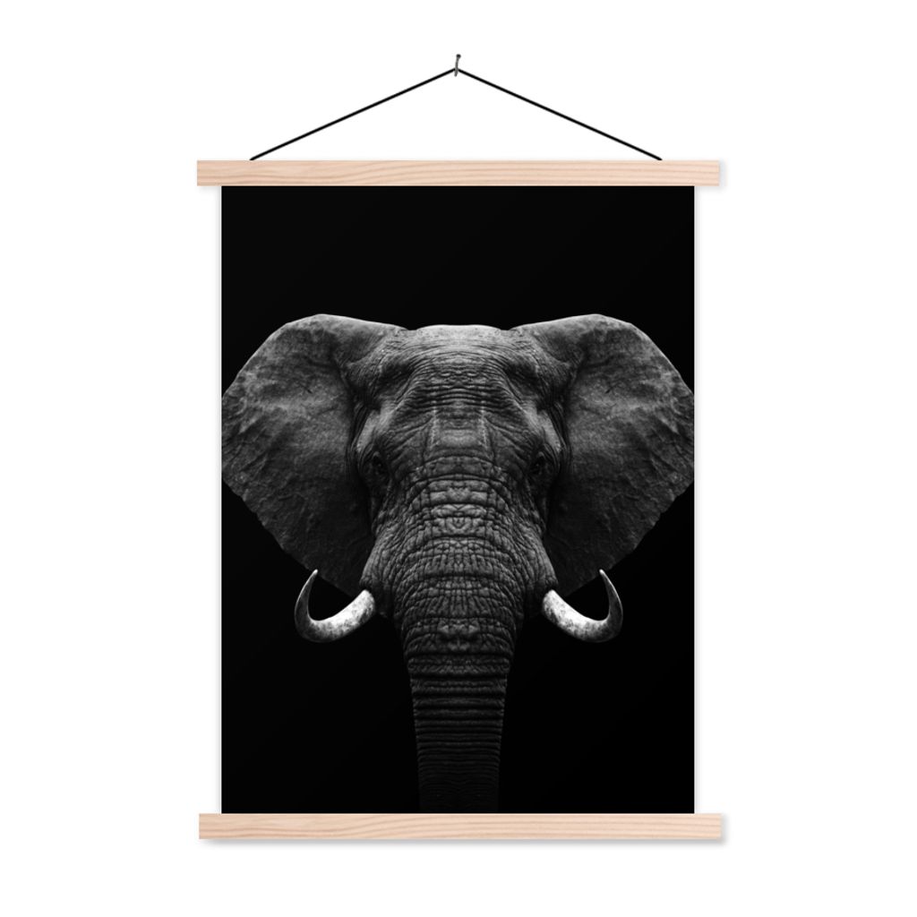 MuchoWow Textilposter Tiere - Elefant - Porträt - Schwarz - Weiß 120x160 cm mit holzfarbenen Rahmen - Plakatkarton