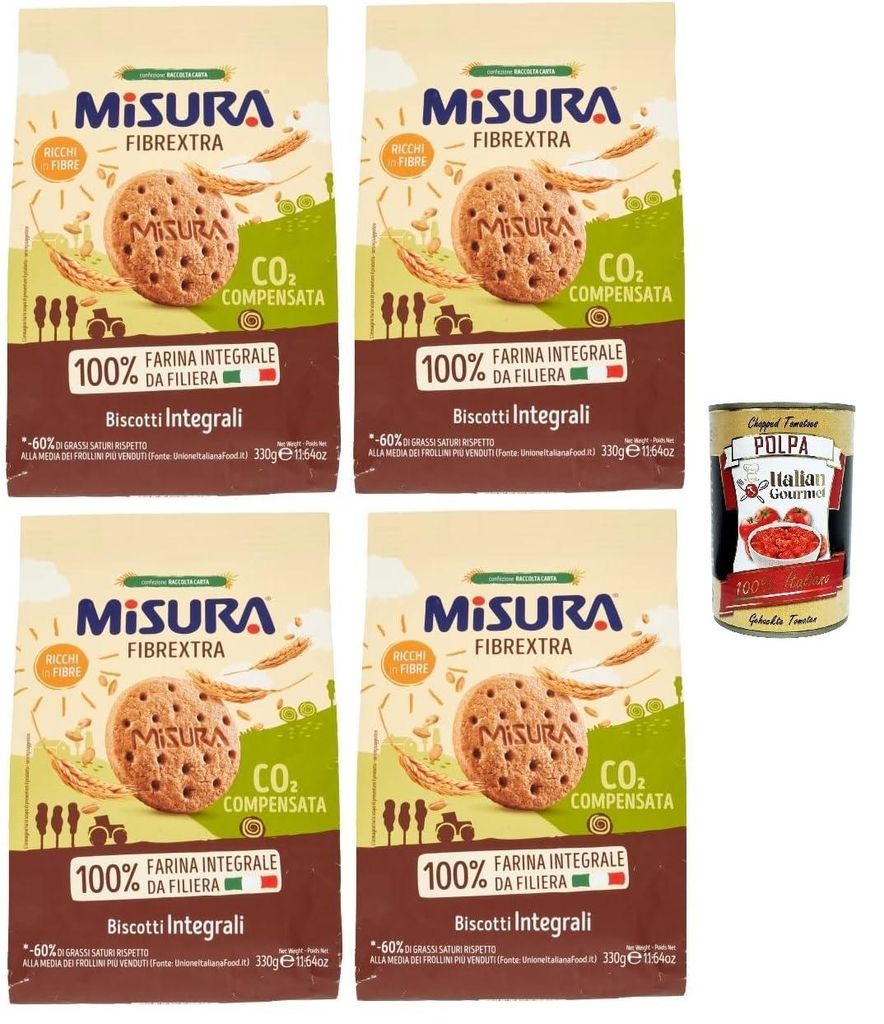 Misura Fibrextra Kekse Biscotti Integrali - Ballaststoffreiche Vollkornkekse mit Vollkornmehl 4x 330g + Italian Gourmet polpa 400g