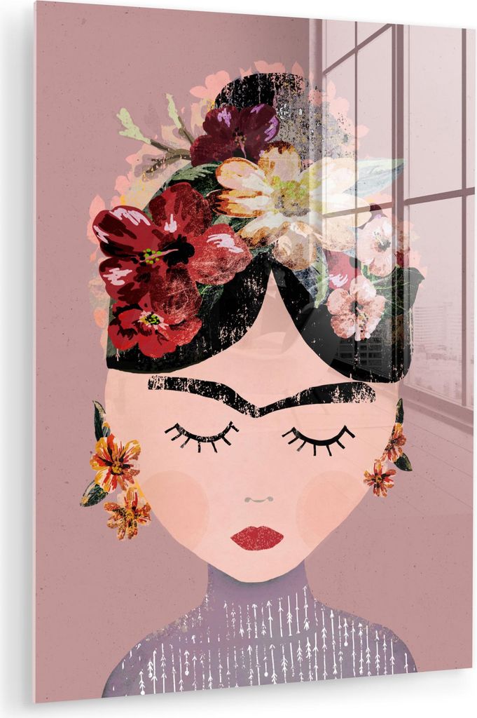 MuchoWow Glasbilder - Bilder auf Wandbild - Foto auf Glas Pastell - Frau - Blumen - Kunst - Frida Kahlo 60x80 cm Wanddekoration aus Glas - Acrylgla...