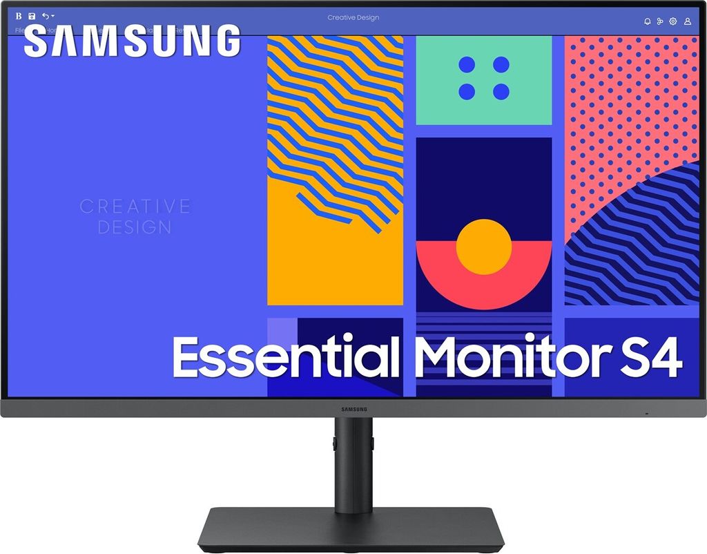 A Samsung monitor displaying a colorful abstract graphic.