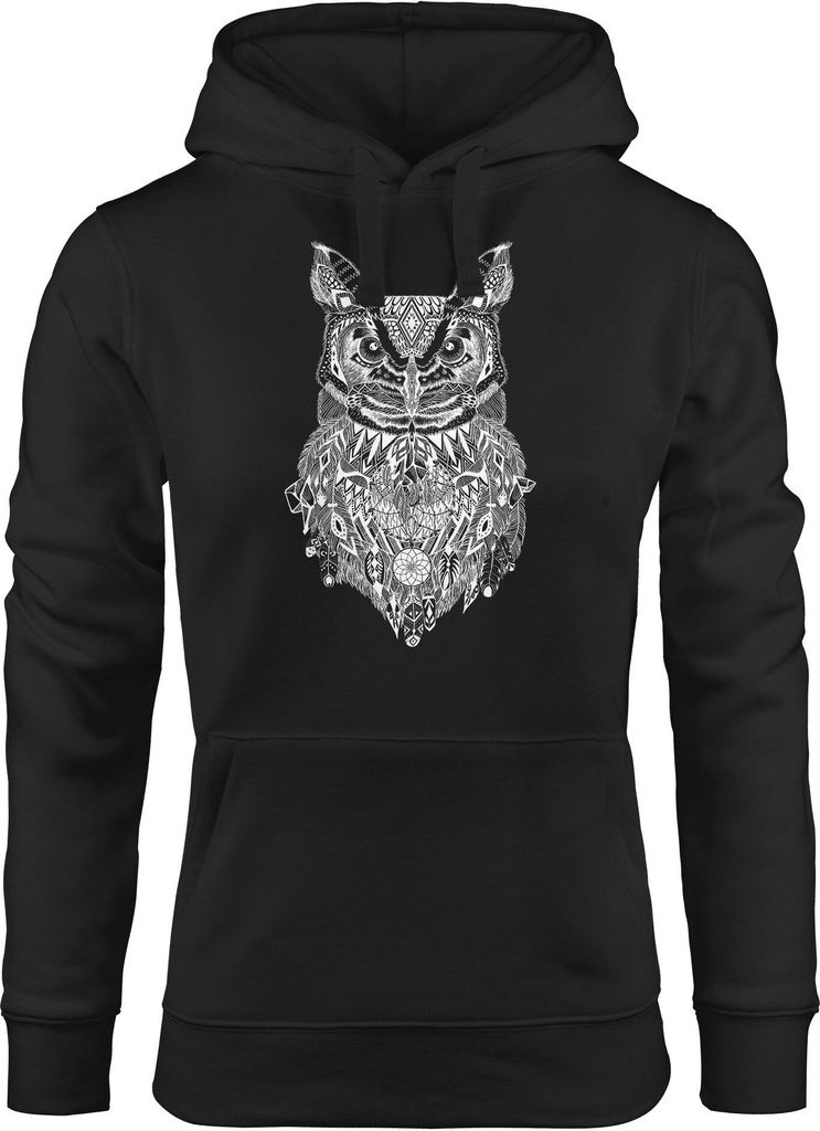 Hoodie Damen Eule Atzekenmuster Boho Bohamian Atzec Owl geometrisch Kapuzen-Pullover Neverless schwarz XS