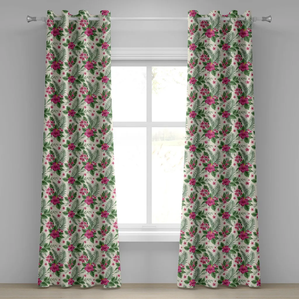 ABAKUHAUS Tenda con occhielli acquerellata, Plumeria e Hibiscus Flora - Isola tropicale - Natura Aloha Hawaii Jungle, Tende decorative a 2 pannelli, 280 cm x 175 cm, Magenta Crema Verde