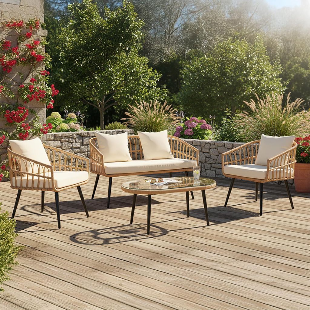 riess-ambiente Outdoor Garten-Lounge PARIS natur Rattan Sitzgruppe inkl. Kissen und Tisch Sitzgruppe Balkonmöbel