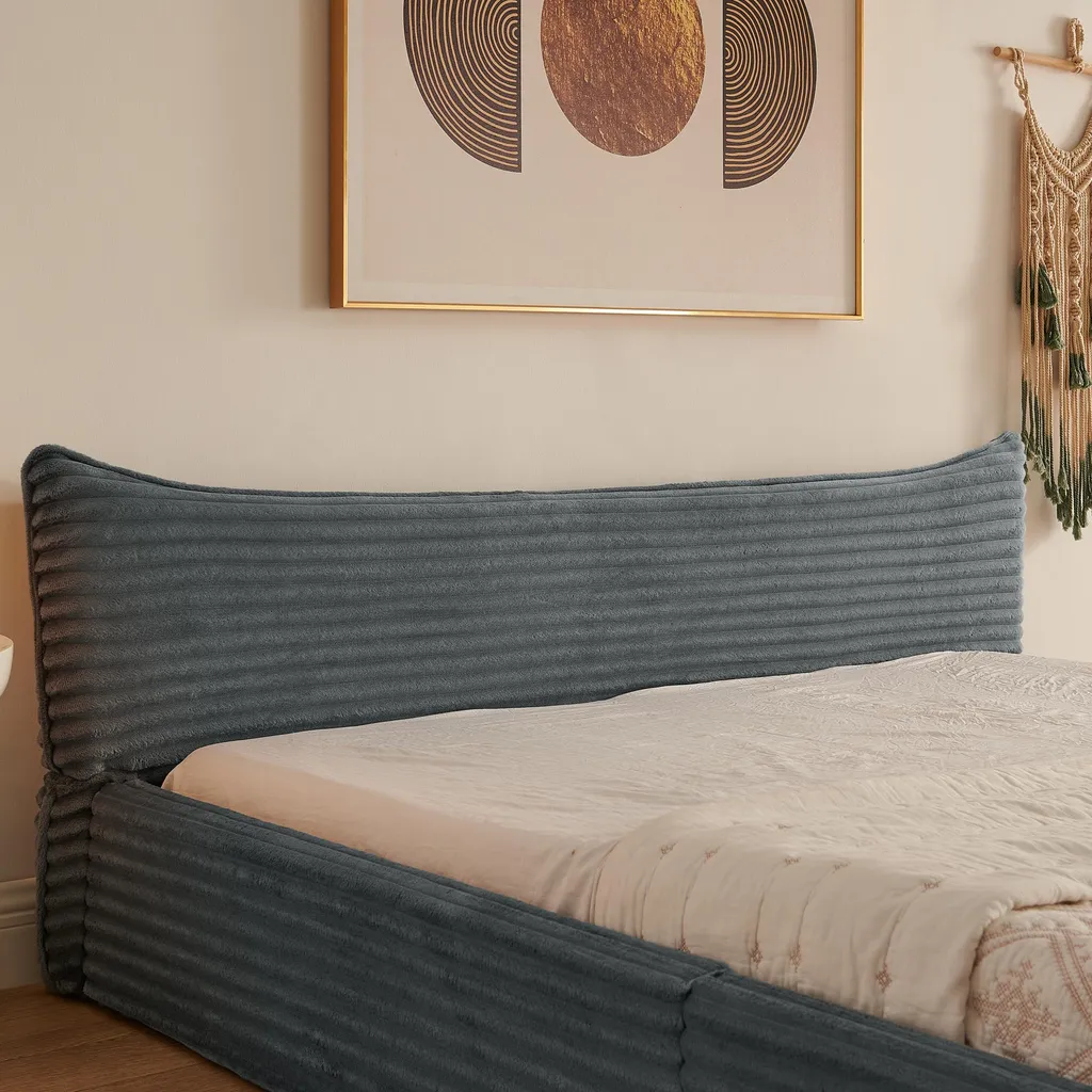Lit Capitonné 160x200 Chenille Grise - Structure Stable Bois et Métal