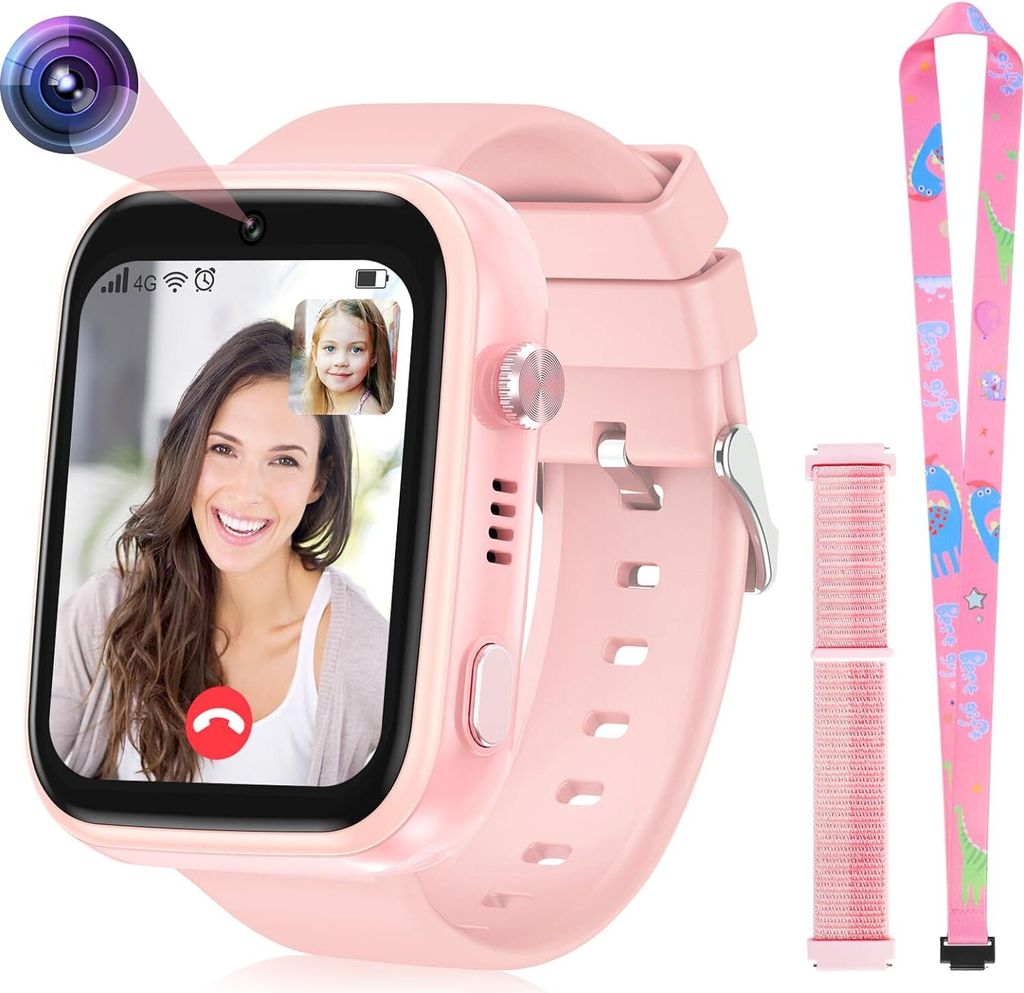 Kinder Smartwatch mit Videoanruf SOS Musik Player WLAN Video, Weihnachten Geburtstag Spielzeug Geschenke für Jungen Mädchen, Rosa