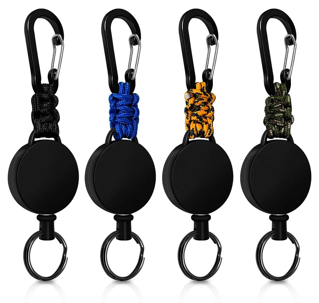 Porte-clés extensible avec câble acier 60 cm et porte-carte - Lot de 4