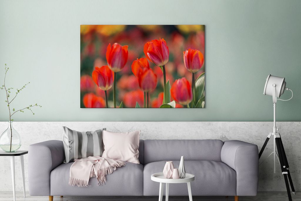 OneMillionCanvasses - Leinwandbilder - 140x90 cm, Eine Nahaufnahme von roten Tulpen, Wandbilder Kunstdruck Wanddekoration - Foto auf Leinwand - G...
