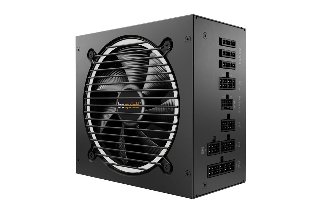 A black computer power supply unit with a fan on the front and modular connectors on the side, presented against a white background.