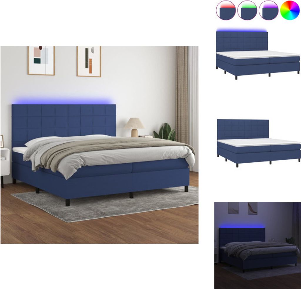 vidaXL Boxspringbett mit Matratze & LED Blau 200x200 cm Stoff - Betten & Bettgestelle