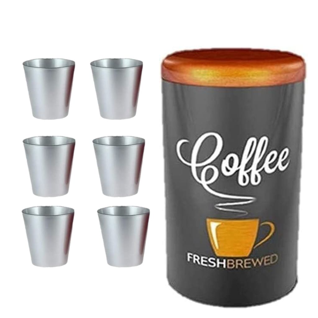 Kaffeedose aus Edelstahl mit Kaffeebohnen-Motiv und 6 Glasbecher Set, Silber