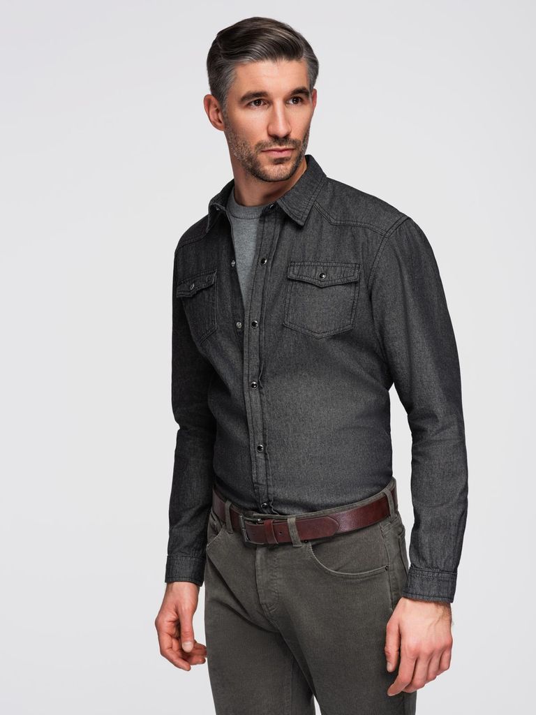 Männer Jeanshemd mit Knöpfen und Taschen - schwarz V3 OM-SHDS-0210 XL
