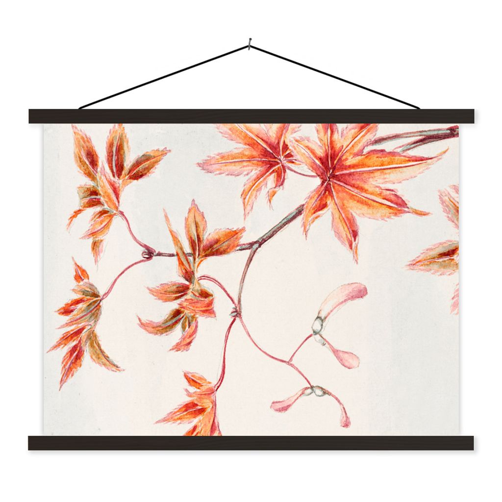 MuchoWow Textilposter Vintage - Japanischer Ahorn - Blätter 120x90 cm mit schwarzem Rahmen - Aufhänger für Poster